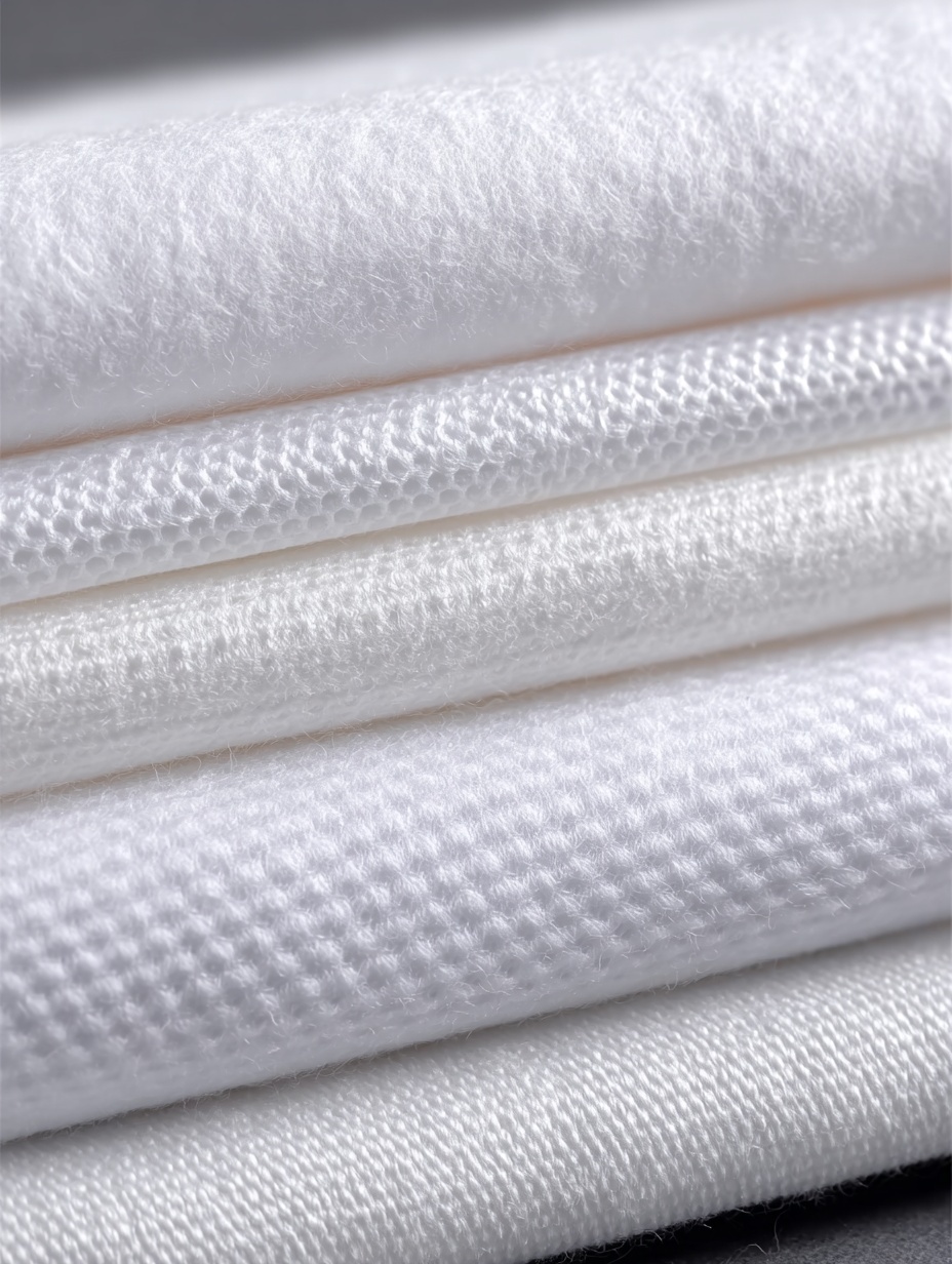 Close-up of neatly stacked white folded towels with varying textures.