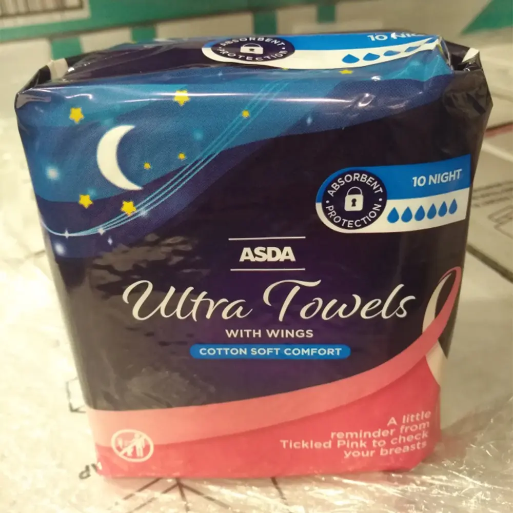 Package of ASDA Ultra Towels with wings, cotton soft comfort, 10 night absorbent pads.