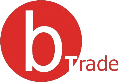 Lowercase letter b in white inside a red circle followed by the word 'trade' in red text.